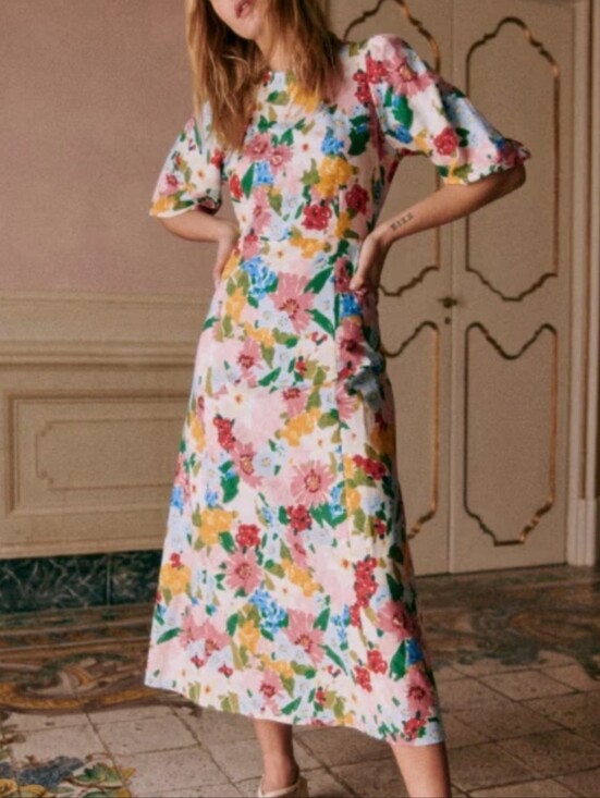 Sezane Dresses & Skirts - Sezane Jiana Dress Linen Blend Italy Floral Open Back Puff Sleeve Midi Luxury 4